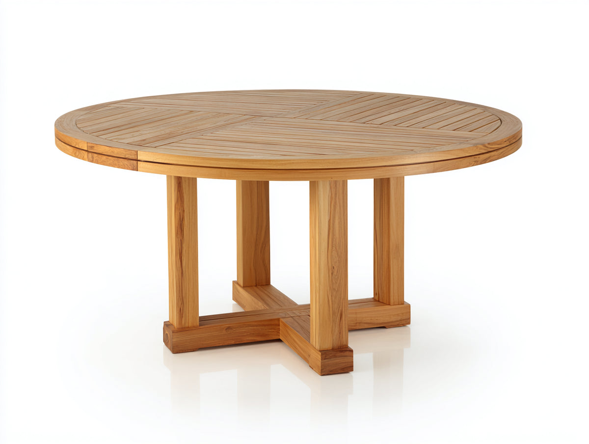 Mesas de jardín de madera 150x150x75 cm - marrón natural - diseño redondo con base central de cuatro soportes