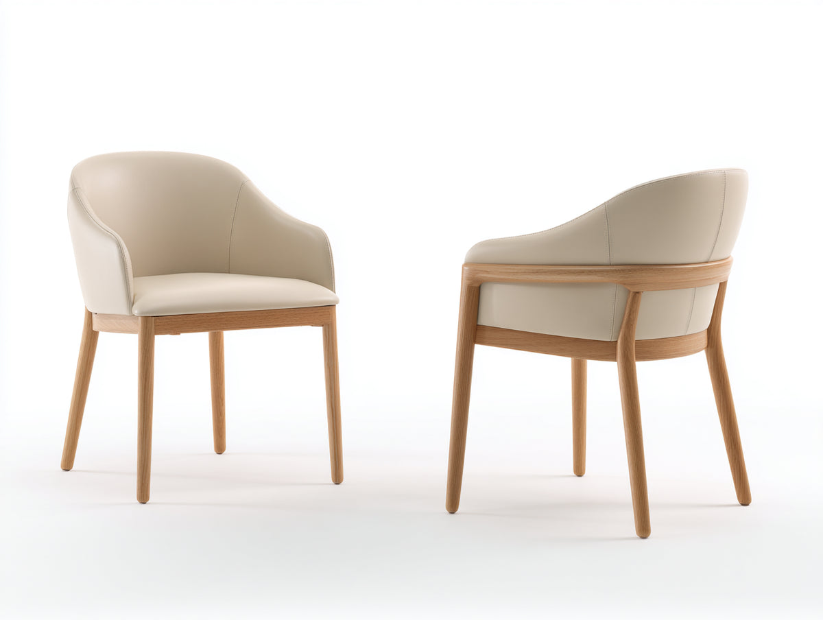 Sillas de comedor tapizadas con reposabrazos 58 x 60 x 84 cm - Beige-Madera natural - Juego de 2 con respaldo curvo y estructura de madera