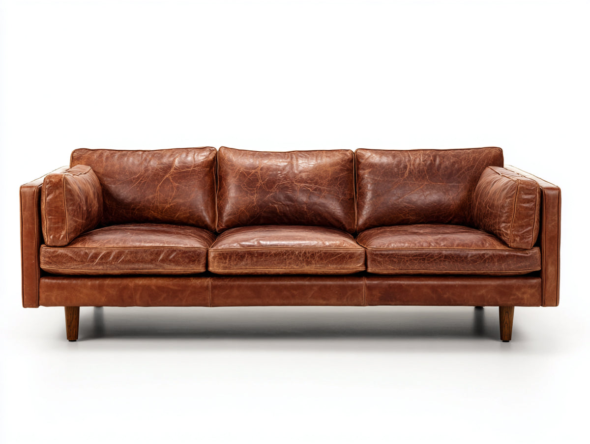 Sofás 3 plazas tapizado efecto cuero 225 x 95 x 88 cm - Marrón envejecido - Diseño clásico con asiento acolchado y patas de madera