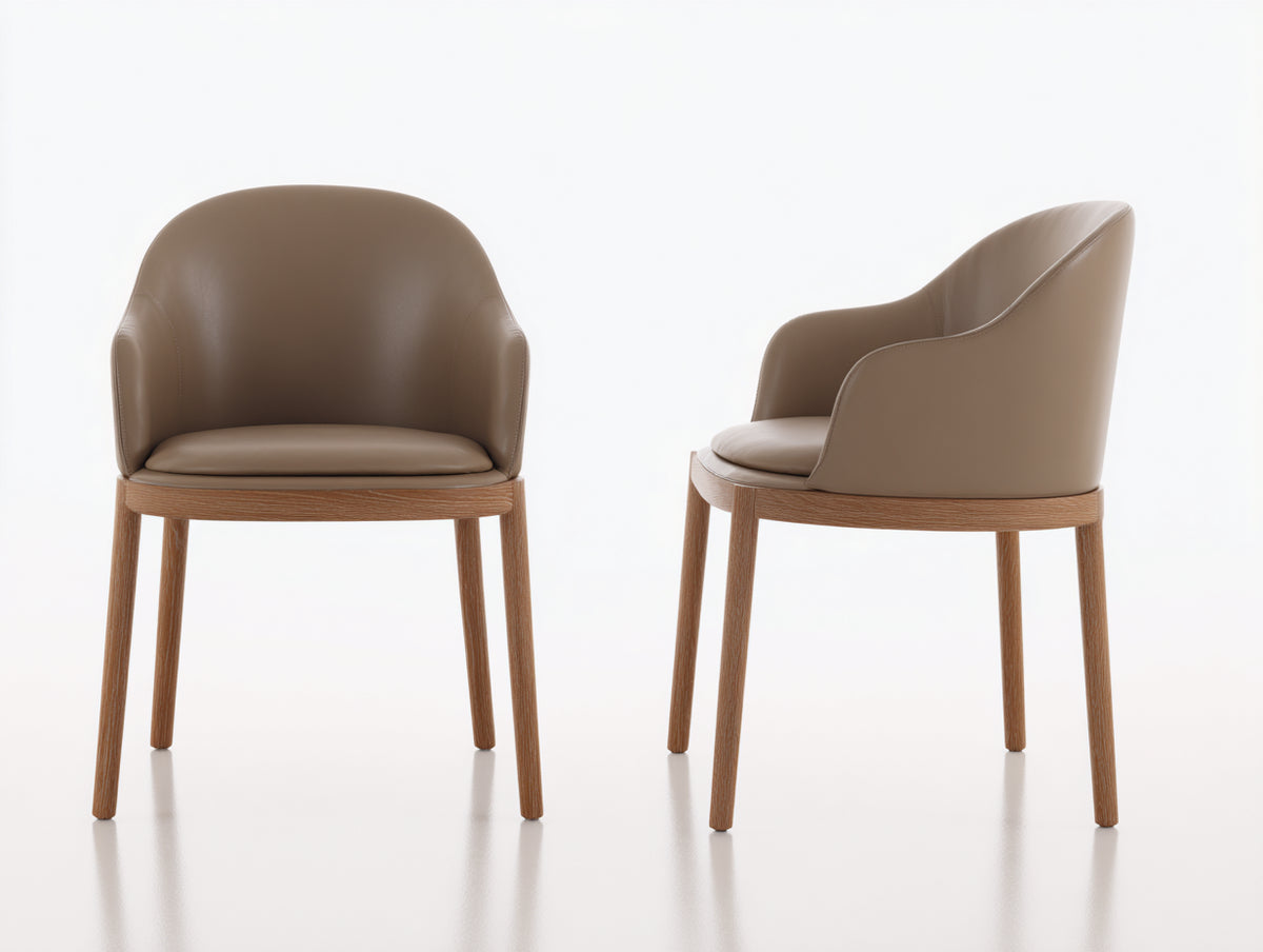 Sillas de comedor 60 x 61 x 82 cm - cuero sintético marrón topo y madera natural - juego de 2 con respaldo envolvente y reposabrazos