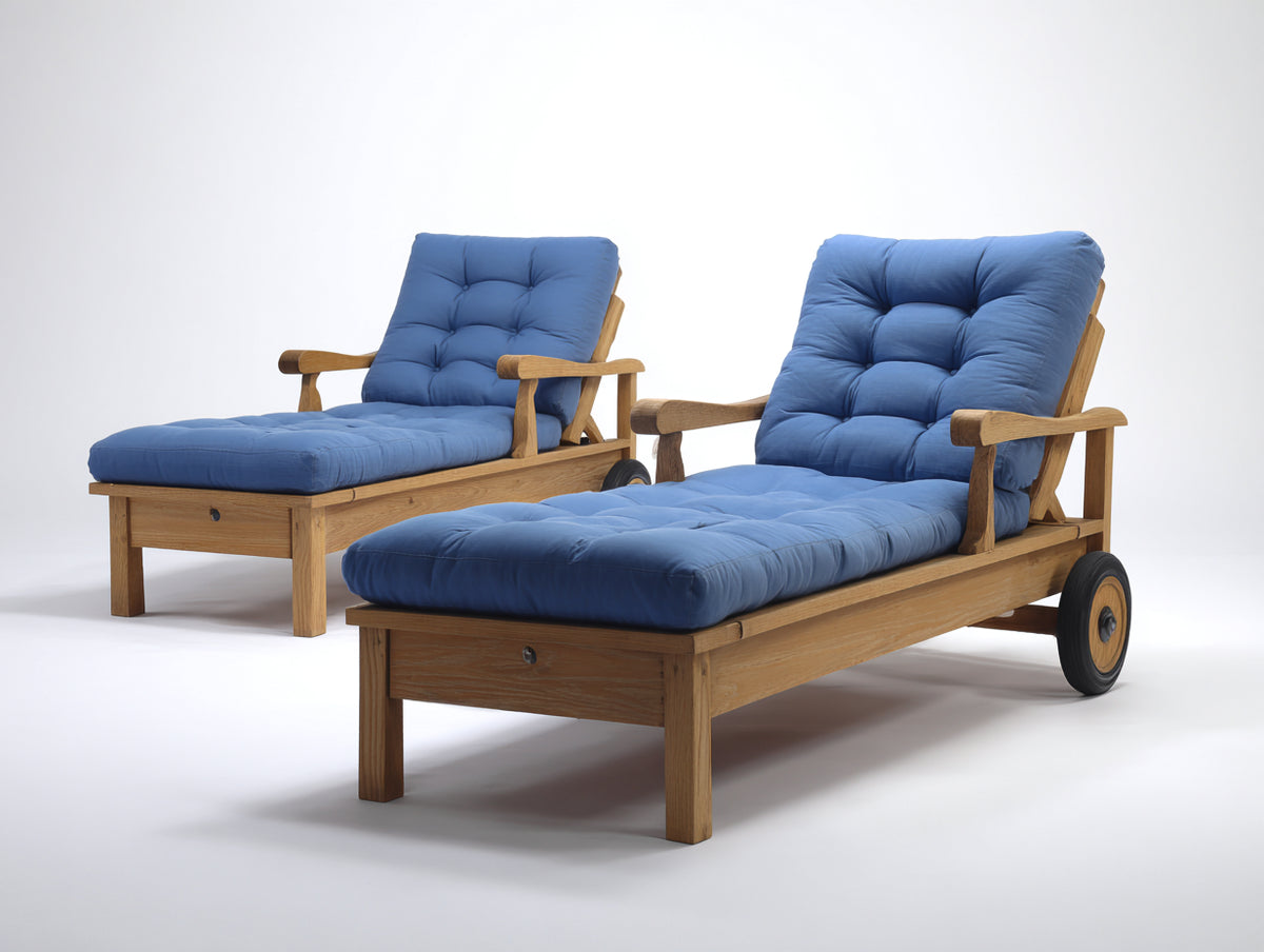 Tumbonas de jardín de madera con ruedas 200 x 70 x 95 cm - Azul-Madera natural - Juego de 2 con respaldo reclinable y reposabrazos