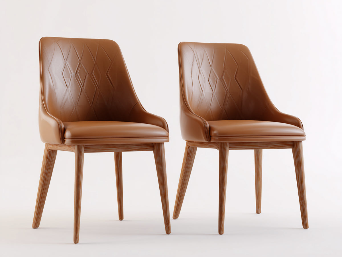 Sillas de comedor tapizadas 58x61x86 cm - marrón coñac y madera marrón - diseño moderno con respaldo geométrico en juego de 2