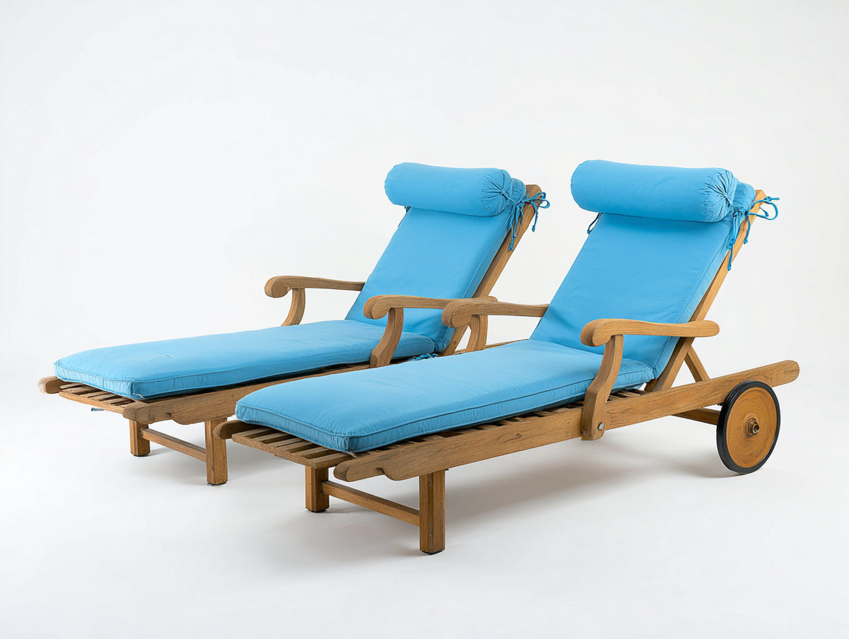 Tumbonas de jardín de madera con ruedas 200 x 70 x 95 cm - Azul-Madera natural - Juego de 2 con respaldo reclinable y reposabrazos