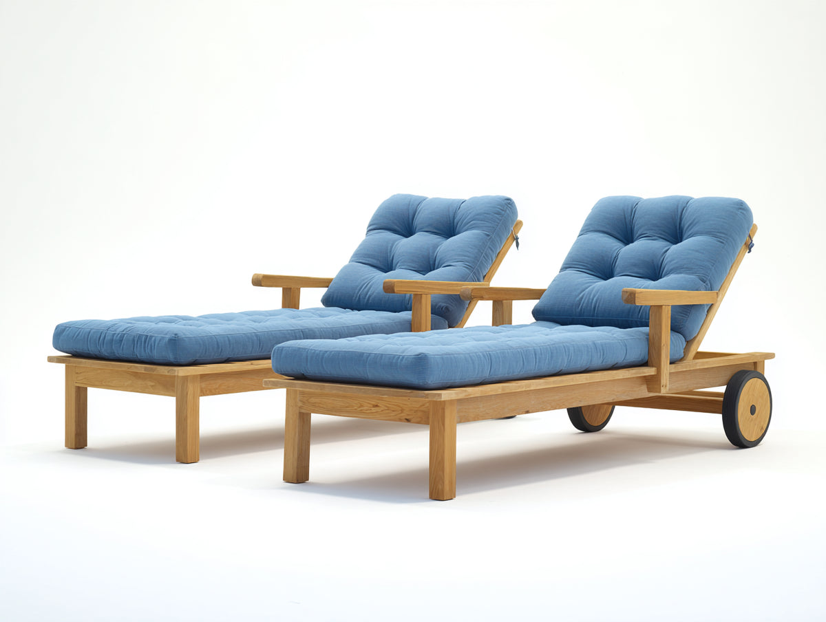 Tumbonas de jardín 195 x 70 x 92 cm - madera natural y tejido azul - juego de 2 con respaldo reclinable y ruedas