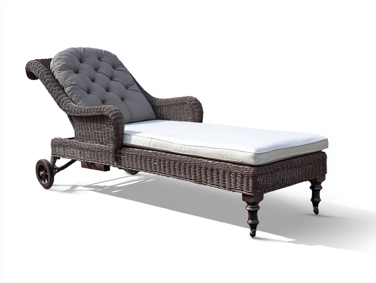 Tumbonas de ratán 205 x 78 x 92 cm - marrón oscuro y blanco - tumbona individual con respaldo reclinado y ruedas traseras