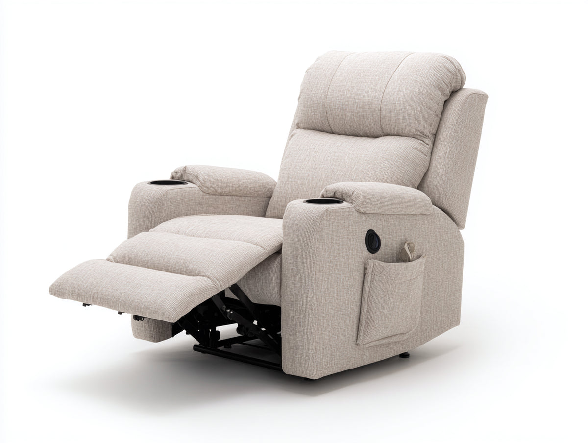Sillones reclinables tapizados 95 x 92 x 105 cm - Beige - Reposapiés extensible con 2 portavasos y bolsillo lateral