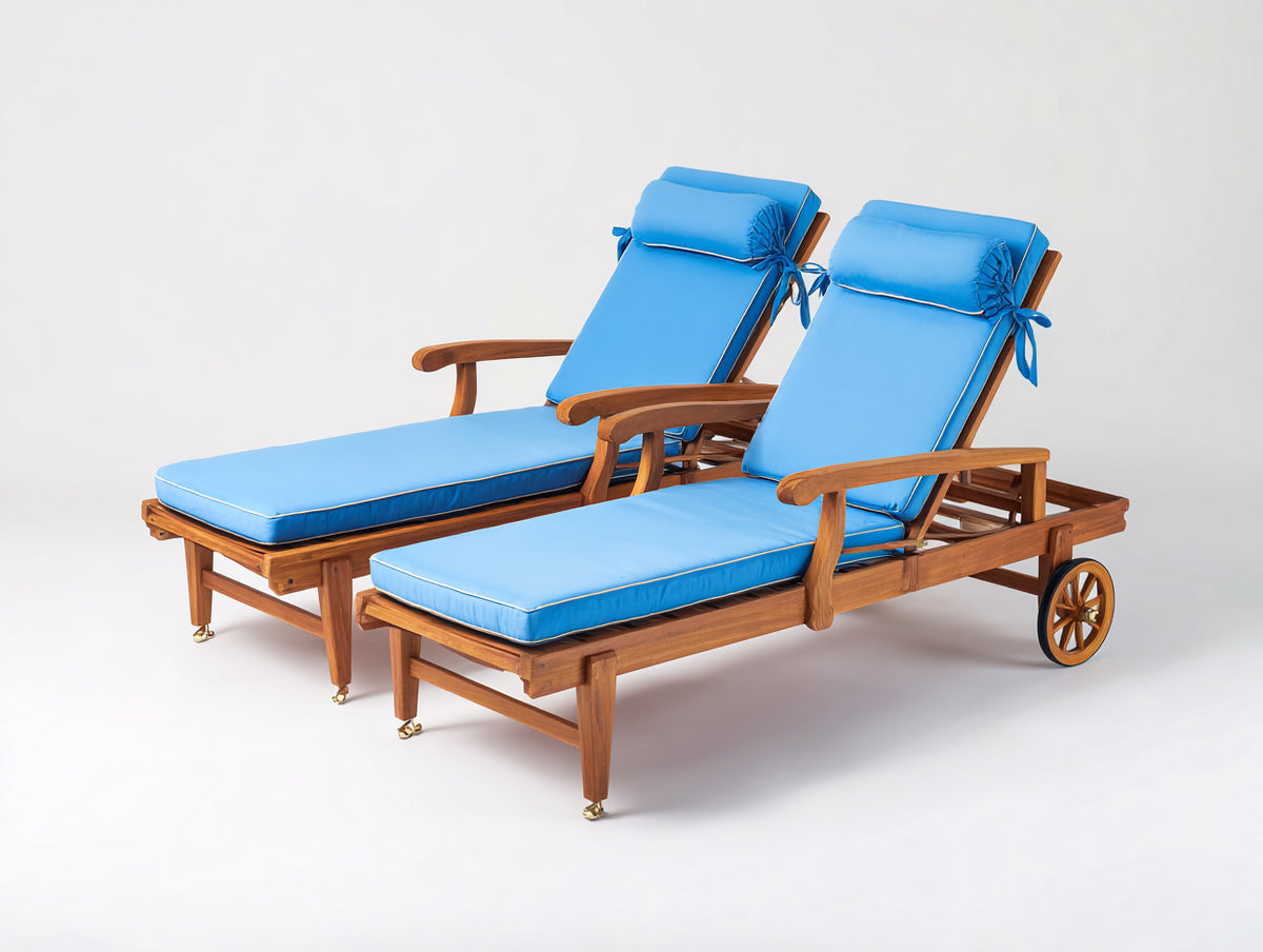 Tumbonas de jardín 200 x 72 x 95 cm - madera marrón y tejido azul - juego de 2 con respaldo reclinable y ruedas